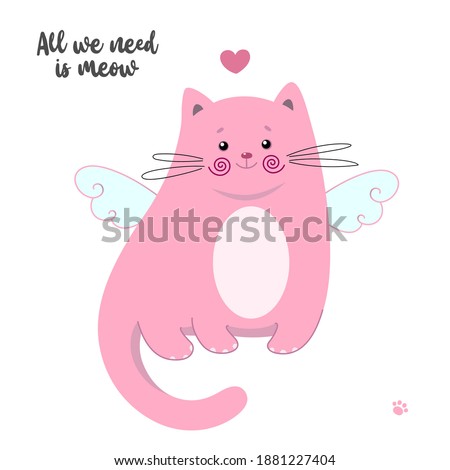 Cute cat with heart and wings. Vector illustration. Funny kitten useful for many applications, your designs, prints for apparel, greeting valentines theme card and invitation. 