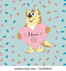 Cute cat with heart and words I Love You. Vector cartoon illustration can be used for baby t-shirt, print design, baby shower, greeting and invitation card.