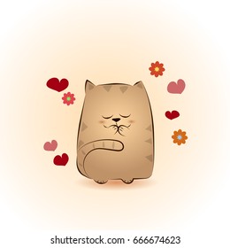 Cute cat with hearts and flowers. Vector illustration