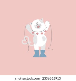 cute cat and hearts, happy valentine's day, birthday, love concept, flat vector illustration cartoon character design isolated