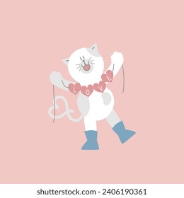 cute cat and hearts, happy valentine's day, birthday, love concept, flat vector illustration cartoon character design isolated