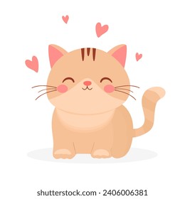 Cute cat with hearts isolated on white background. Hand drawn vector little kitty in colored flat style. Beautiful animal character with eyes closed. Children's Small lovely cartoon character. Vector 