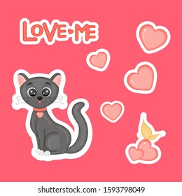 Cute cat with hearts for Valentine's Day in cartoon style. Lettering Love. Stickers.