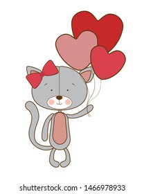 cute cat with helium balloons on white background