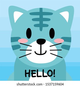 Cute Cat Hello design with Blue background, good for icon, mascot, card, banner, poster, print and other uses.