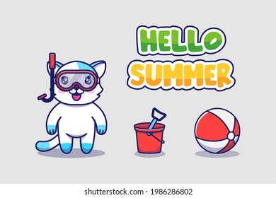 Cute cat with hello summer greeting banner