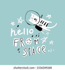 Cute cat in a helmet and flying in outer space. Vector illustration on the cosmic theme in childish style. Great design for t-shirt, logo, kids apparel, invitation, poster, print.