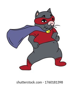 Cute cat hero in a Cape and mask. Vector design, illustration on a white isolated background, sticker.Holiday