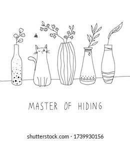 Un gato lindo escondiéndose entre los jarrones. Ilustración vectorial dibujada a mano aislada en fondo blanco.