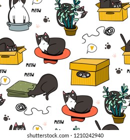 Cute cat hiding in various objects. Hand drawn colored vector seamless pattern