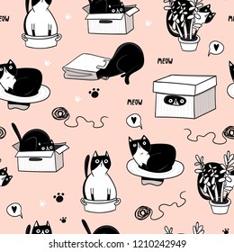 Cute cat hiding in various objects. Hand drawn vector seamless pattern. Pink background