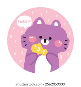 Cute cat hold fish with meow text on pink background picture screen on brooch pin.Pet animal character cartoon design.Kawaii.Vector.Illustration.