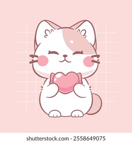 Cute cat hold pink heart valentine's day kawaii animal illustration.

