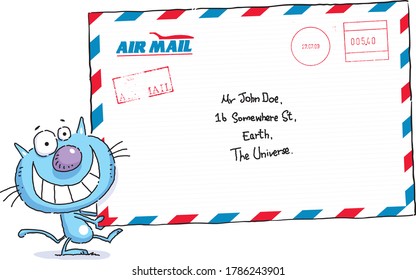 Cute cat holding an air mail letter.