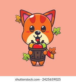 Cute cat holding a apple in wood bucket. Mascot cartoon vector illustration suitable for poster, brochure, web, mascot, sticker, logo and icon.
