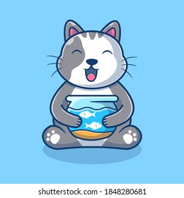 Cute cat holding aquarium vector cartoon Illustration. Animal logo and icon concept. Cat cartoon logo. Flat cartoon style.