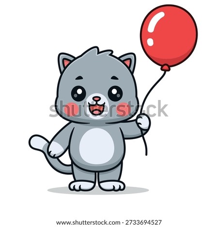 Cute Cat Holding Balloon Cartoon Vector Icon Illustration. Animal Holiday Icon Concept Isolated Premium Vector. Flat Cartoon Style