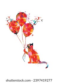 Un gato lindo sosteniendo globos. Ilustración del vector