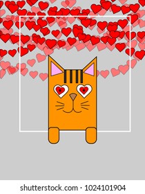 Cute Cat holding banner. Love concept. Greeting card with kitten. Design element for Wedding, Birthday or Valentines Day.