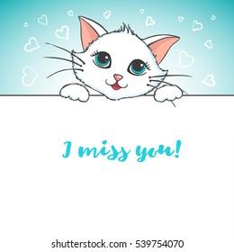 Cute Cat holding banner. Miss you inscription. Greeting card with kitten. Vector illustration