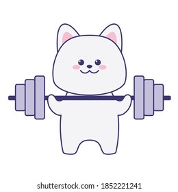 Cute cat holding a barbell isolated on a white background. Flat design for poster or t-shirt. Vector illustration