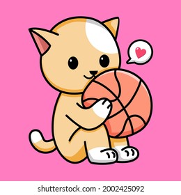 Cute cat holding basketball cartoon illustration