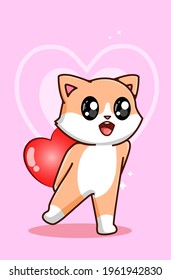 A cute cat holding a big heart on valentines day cartoon illustration