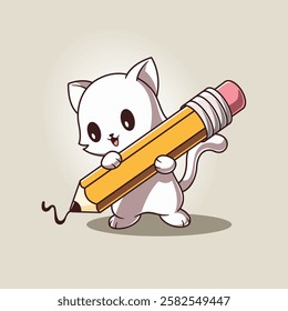 Cute Cat Holding Big Pencil Drawing Cartoon Vector Icon Illustration Education Object Icon Isolated Flat Vector