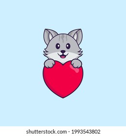 Cute cat holding a big red heart. Animal cartoon concept isolated. Can used for t-shirt, greeting card, invitation card or mascot.