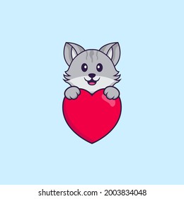 Cute cat holding a big red heart. Animal cartoon concept isolated. Can used for t-shirt, greeting card, invitation card or mascot.