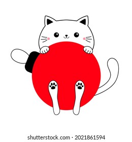 Un gato lindo sosteniendo una gran bola de navidad roja. Caricatura divertida. Gracioso animal de línea de contorno de doodle kawaii. Tarjeta de Navidad. Colección de mascotas. Diseño plano. Fondo blanco. Ilustración del vector