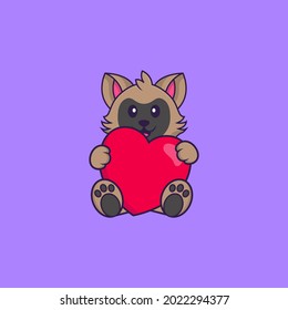 Cute cat holding a big red heart. Animal cartoon concept isolated. Can used for t-shirt, greeting card, invitation card or mascot.