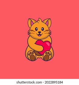 Un gato lindo sosteniendo un gran corazón rojo. El concepto de caricatura animal aislado. Puede usarse para camisetas, tarjetas de felicitación, tarjetas de invitación o mascota.