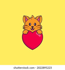 Un gato lindo sosteniendo un gran corazón rojo. El concepto de caricatura animal aislado. Puede usarse para camisetas, tarjetas de felicitación, tarjetas de invitación o mascota.