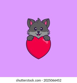 Cute cat holding a big red heart. Animal cartoon concept isolated. Can used for t-shirt, greeting card, invitation card or mascot.
