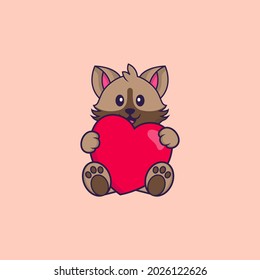 Cute cat holding a big red heart. Animal cartoon concept isolated. Can used for t-shirt, greeting card, invitation card or mascot.