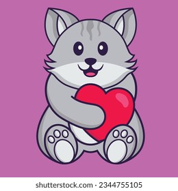 Cute cat holding a big red heart. Animal cartoon concept isolated. Can used for t-shirt, greeting card, invitation card or mascot