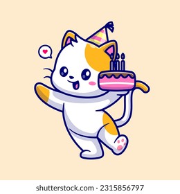 Cute Cat Holding Birthday Cake Cartoon Vector Icon Illustration. Animal Food Icon Concept Isolated Premium Vector. Flat Cartoon Style