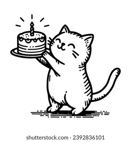 cute cat holding a birthday cake doodle vector sketch