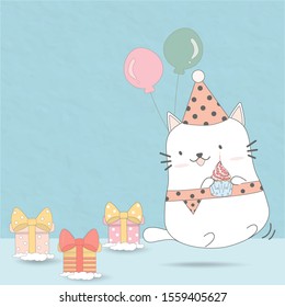 cute cat is holding birthday cupcake.it is wearing party hat with smiling happy face.adorable animal stand among ballon and gift boxes. wallpaper color is blue pastel that look very sweet and lovely.