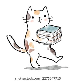 A cute cat is holding the books in hands and walking drawing vector.