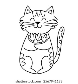 Cute cat holding a bouquet of flowers in black and white. Happy feline character isolated element in outline. Great for coloring page, prints and cards. Vector illustration