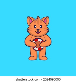 Cute cat holding a buoy. Animal cartoon concept isolated. Can used for t-shirt, greeting card, invitation card or mascot.
