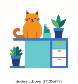 Gato lindo que sostiene una calculadora que resuelve los gastos de oficina, demostrando las habilidades analíticas mientras que agrega el encanto lúdico a las Ilustraciones vectoriales modernas profesionales.