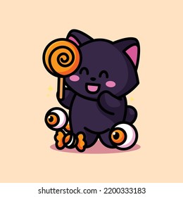 un lindo gato sosteniendo dulces y celebrando halloween
