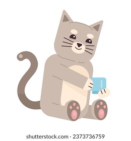 Cute cat holding coffee cup semi flat color vector character. Happy kitty drinking tea. Editable full body animal on white. Simple cartoon spot illustration for web graphic design