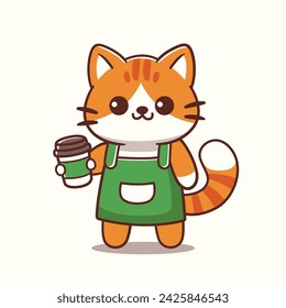 Lindo gato sosteniendo taza de café, logotipo de mascota de cafetería