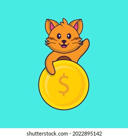 Cute cat holding coin. Animal cartoon concept isolated. Can used for t-shirt, greeting card, invitation card or mascot.