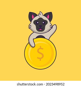 Cute cat holding coin. Animal cartoon concept isolated. Can used for t-shirt, greeting card, invitation card or mascot.