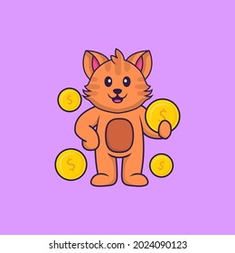 Cute cat holding coin. Animal cartoon concept isolated. Can used for t-shirt, greeting card, invitation card or mascot.